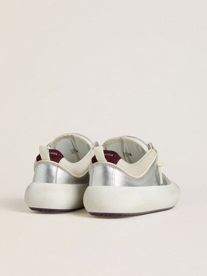 Golden Goose Women’s Space-Star Cube in ice-gray and silver leather with burgundy heel tab