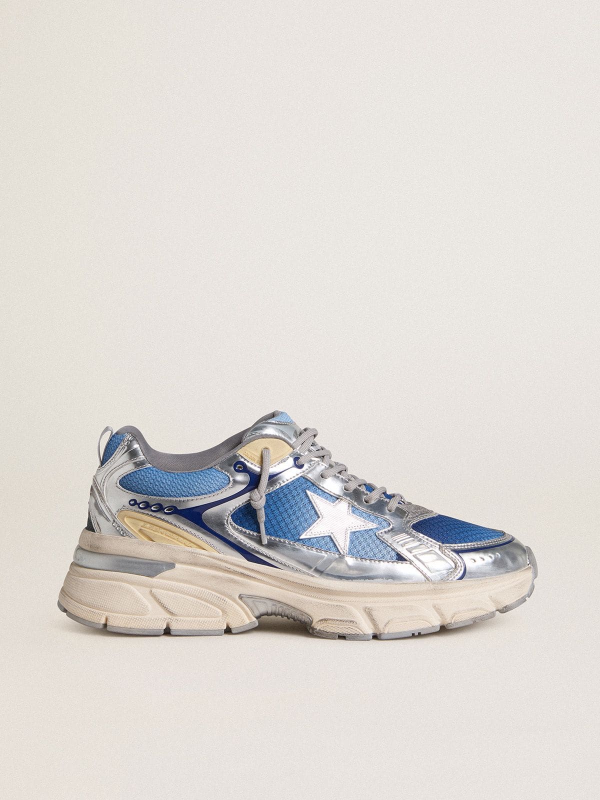 Golden Goose Women's Lightstar  in light blue mesh with white TPU star and silver bio-based inserts