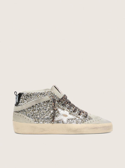 Golden Goose Mid Star  in silver glitter with silver metallic leather star