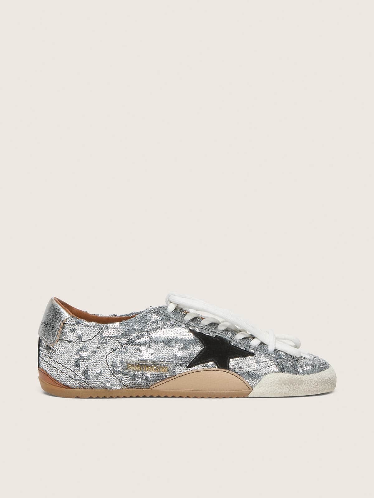 Golden Goose Women's True-Star in silver sequins with black star and silver leather heel tab