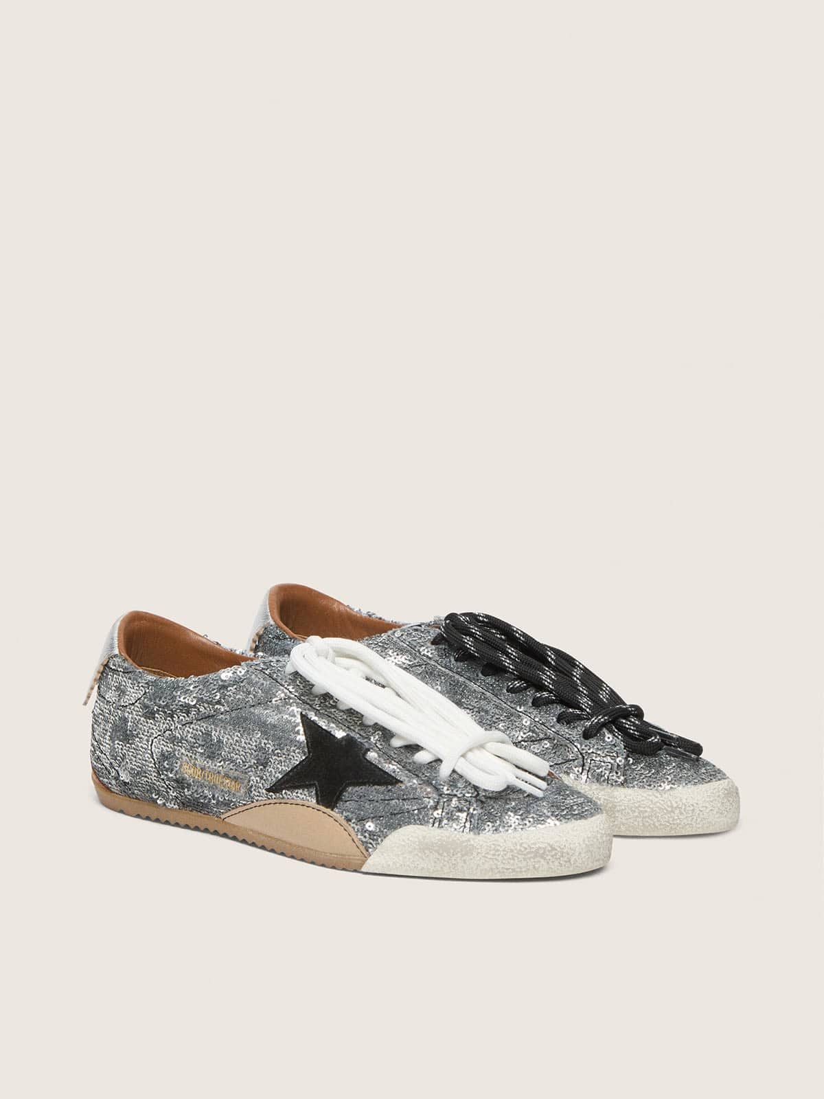 Golden Goose Women's True-Star in silver sequins with black star and silver leather heel tab