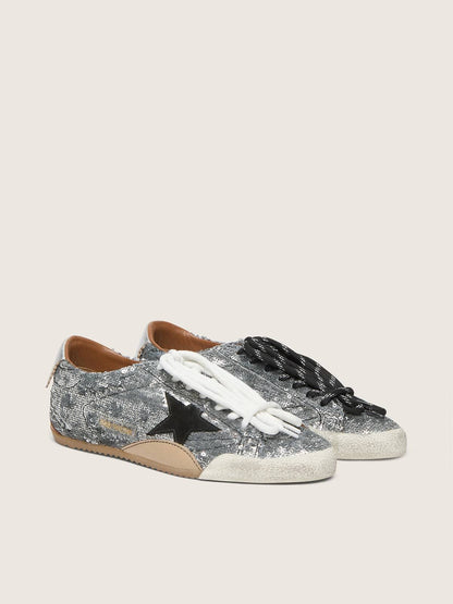 Golden Goose Women's True-Star in silver sequins with black star and silver leather heel tab