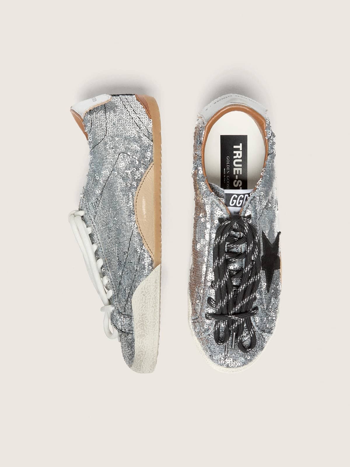 Golden Goose Women's True-Star in silver sequins with black star and silver leather heel tab