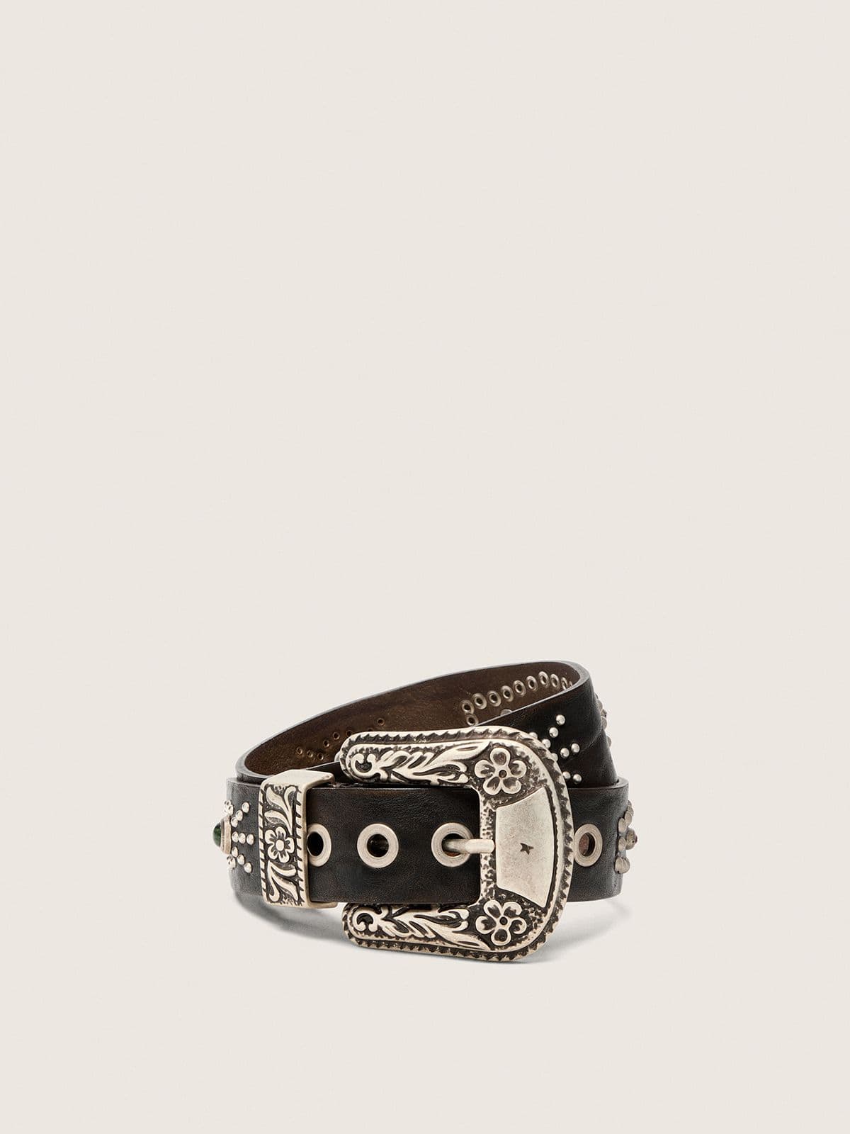 Golden Goose Lace belt in tan-colored washed leather with studs and inlays