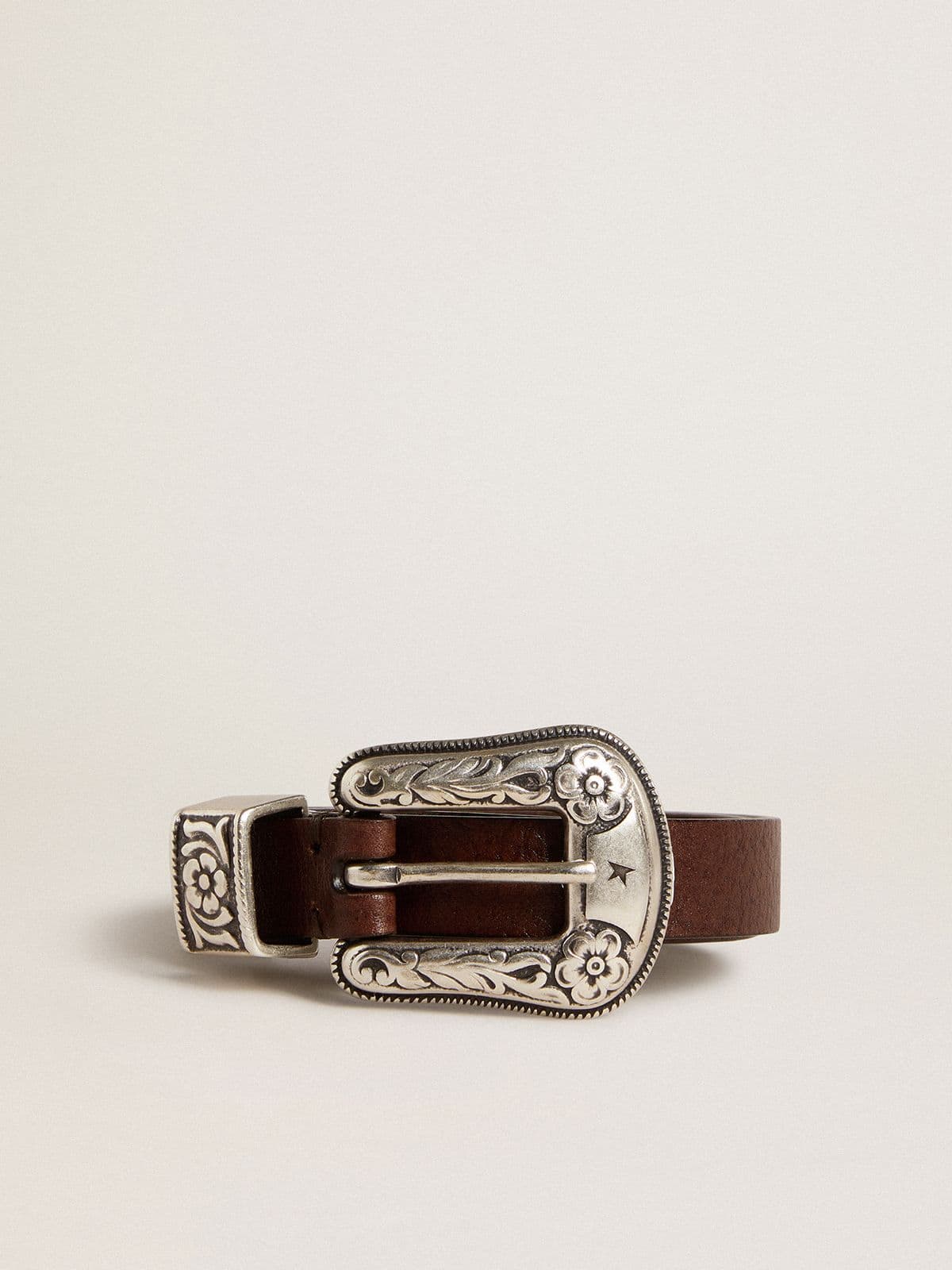 Golden Goose Women's dark brown leather belt with decorated silver buckle