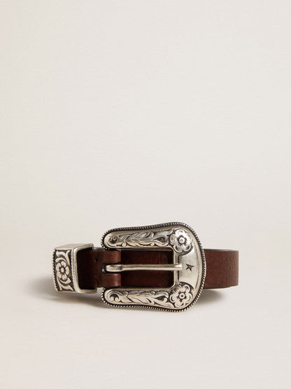 Golden Goose Women's dark brown leather belt with decorated silver buckle