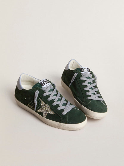 Golden Goose Women's Super-Star in green suede, silver glitter star and leather heel tab