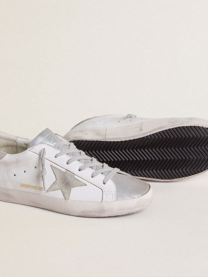 Golden Goose Women’s Super-Star with gray suede star and silver glitter inserts