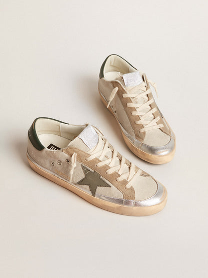Golden Goose Super-Star in gray canvas with a green leather star and heel tab