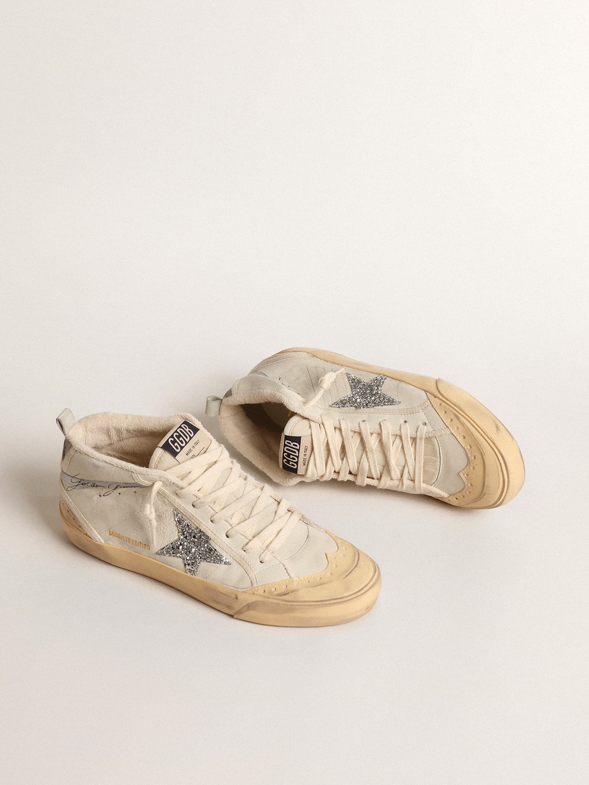 Golden Goose Mid Star  with glitter star and metallic leather flash