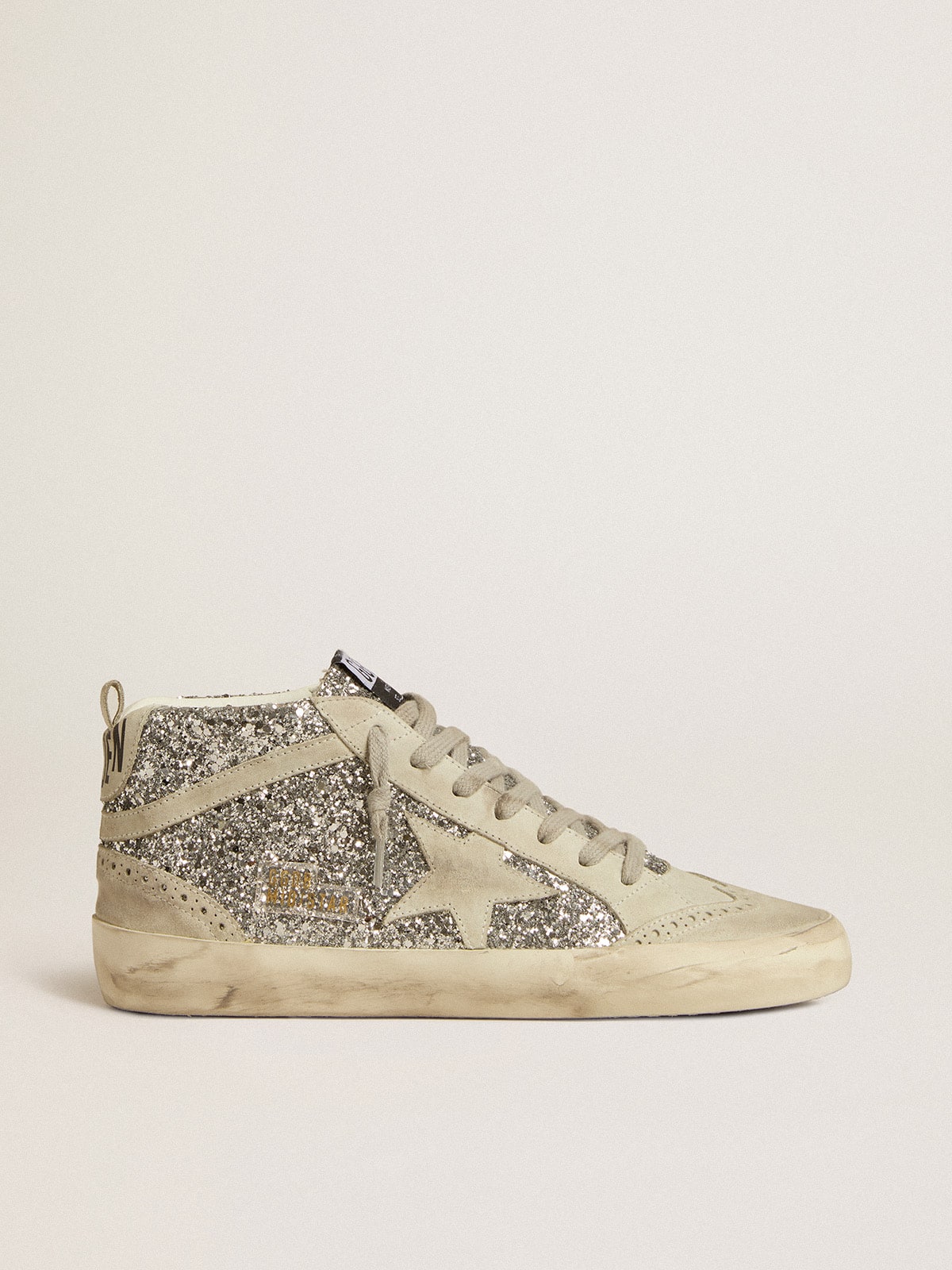 Golden Goose Mid Star in silver glitter with ice-gray suede star and flash