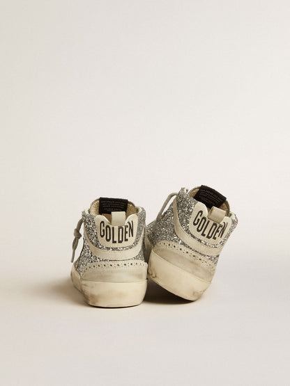 Golden Goose Mid Star in silver glitter with ice-gray suede star and flash