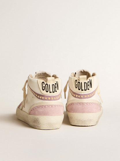 Golden Goose Mid Star with gold leather star and pink suede flash with pearls