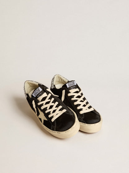 Golden Goose Women’s Hi Star in black leather with silver glitter heel tab