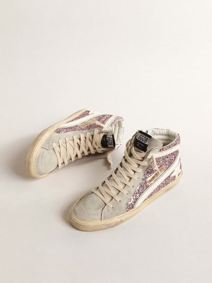 Golden Goose Slide in lilac glitter with white leather star and flash