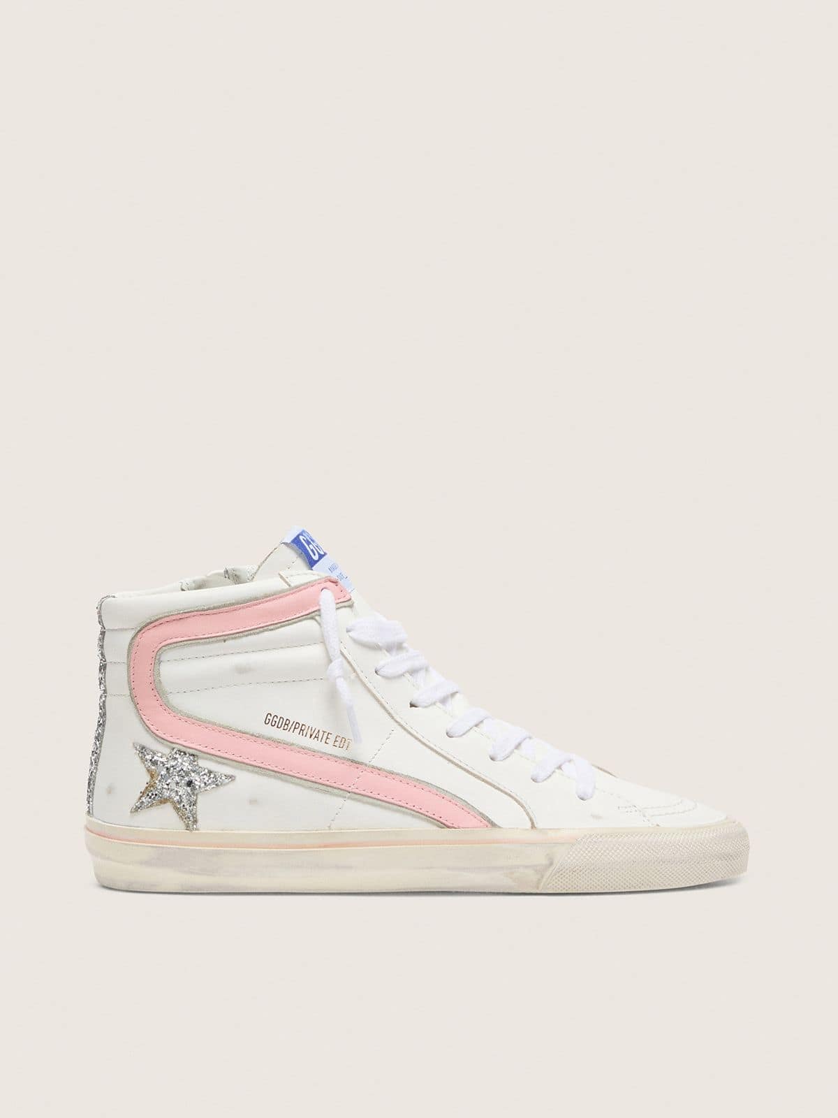 Golden Goose Women's Slide in white leather with silver glitter star and pink leather flash