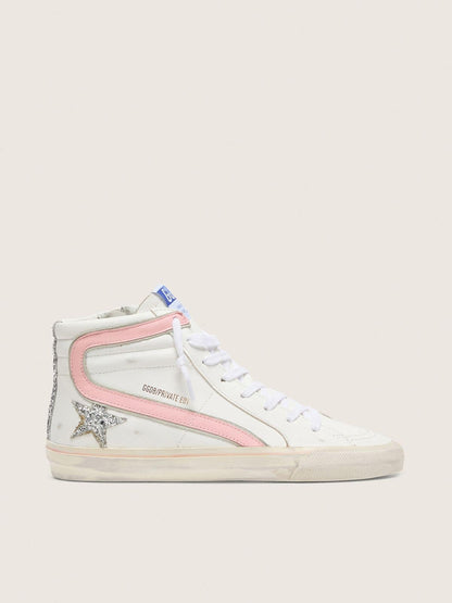 Golden Goose Women's Slide in white leather with silver glitter star and pink leather flash