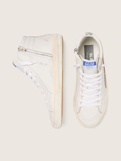 Golden Goose Women's Slide in white leather with silver glitter star and pink leather flash