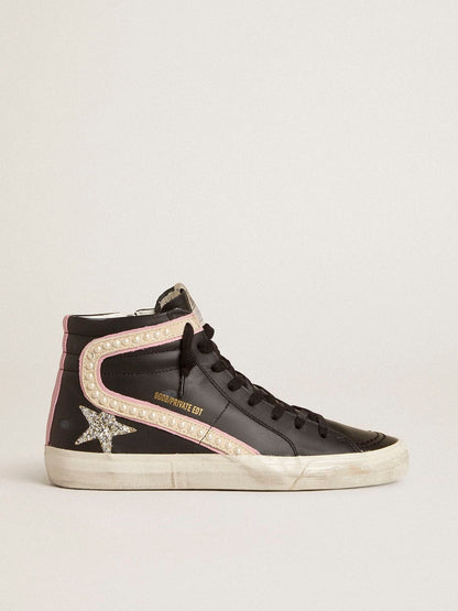Golden Goose Slide LTD with platinum glitter star and suede flash with pearls
