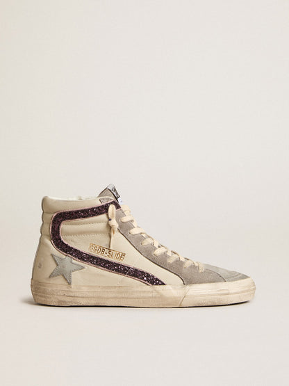 Golden Goose Slide with gray leather star and wine-colored glitter flash