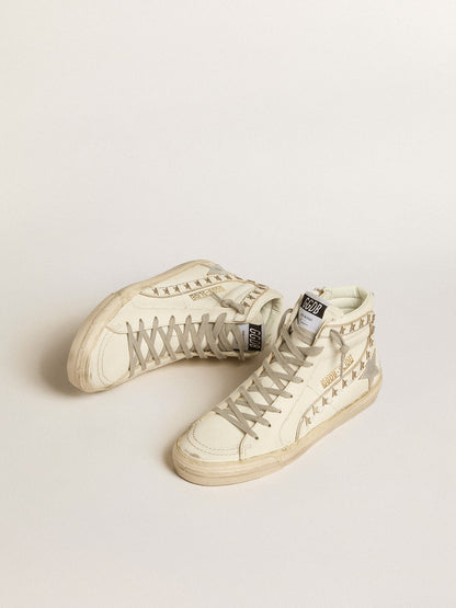 Golden Goose Slide with silver metallic leather star and leather flash with stars