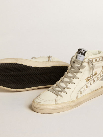 Golden Goose Slide with silver metallic leather star and leather flash with stars