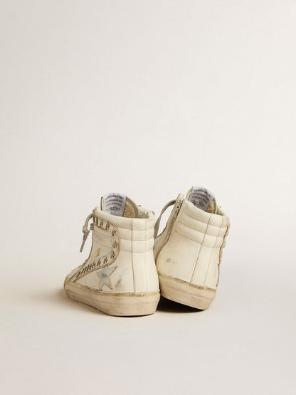 Golden Goose Slide with silver metallic leather star and leather flash with stars
