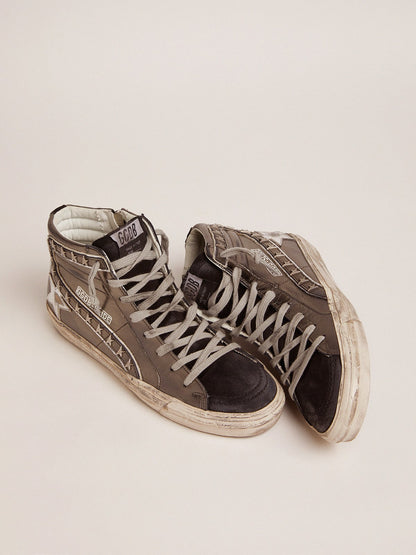 Golden Goose Women's Slide with silver laminated leather upper and studs