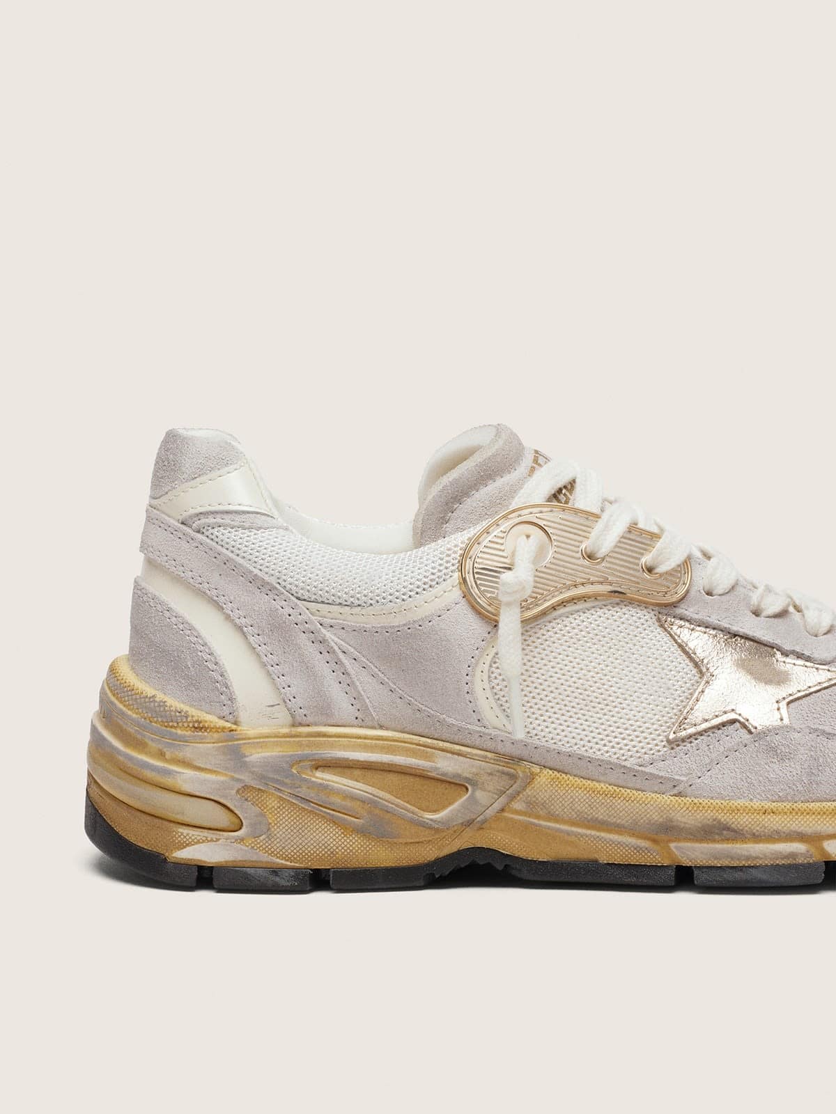 Golden Goose Women's Dad-Star in mesh and white suede with gold foiled star