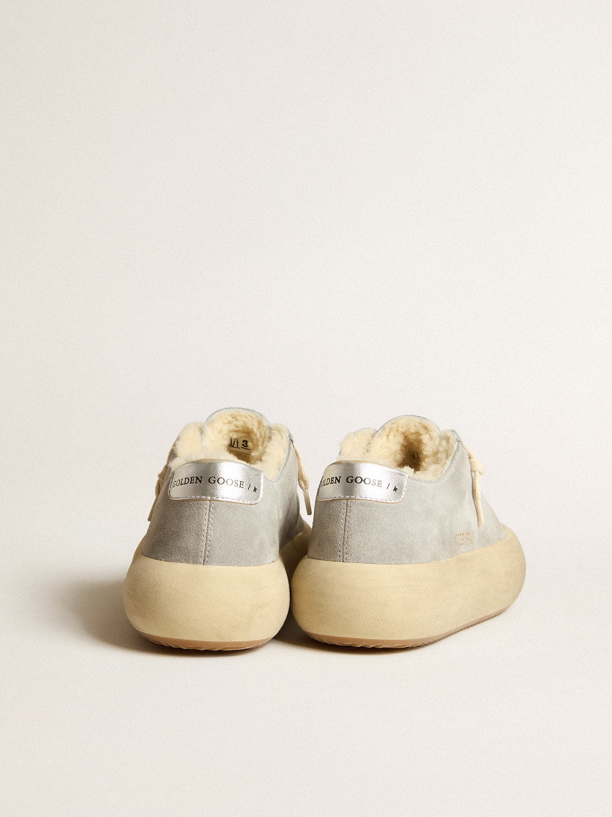 Golden Goose Women’s Space-Star shoes in ice-gray suede with shearling lining