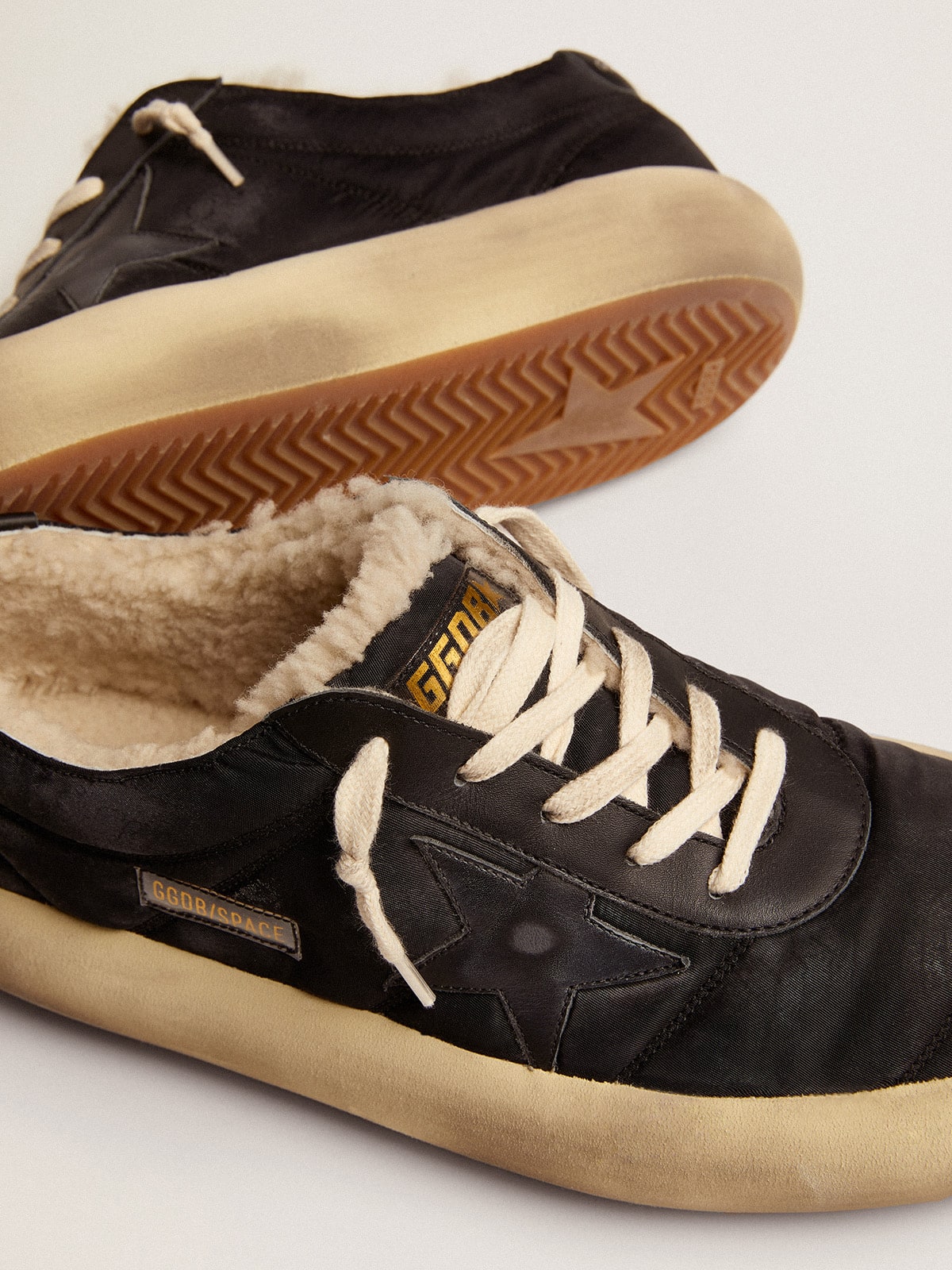 Golden Goose Women's Space-Star shoes in quilted black nylon with shearling lining