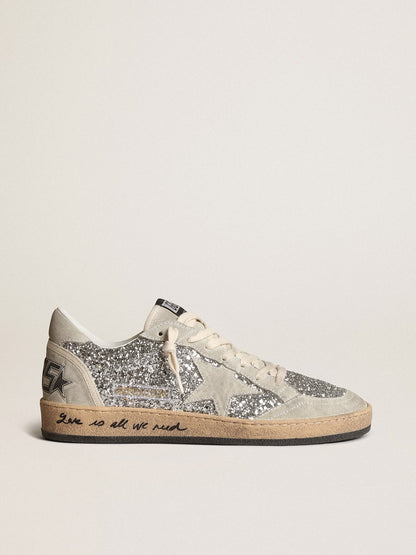Golden Goose Women’s Ball Star in silver glitter with ice-gray suede inserts