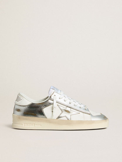 Golden Goose Stardan in silver foiled leather with white heel tab