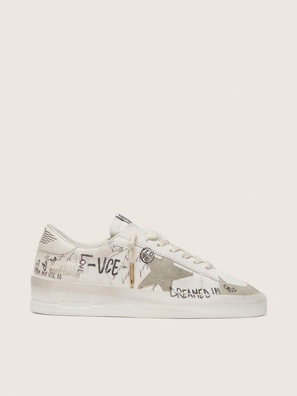 Golden Goose Stardan with beige suede star and toe and all-over lettering and patterns