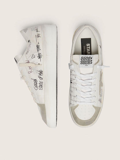 Golden Goose Stardan with beige suede star and toe and all-over lettering and patterns