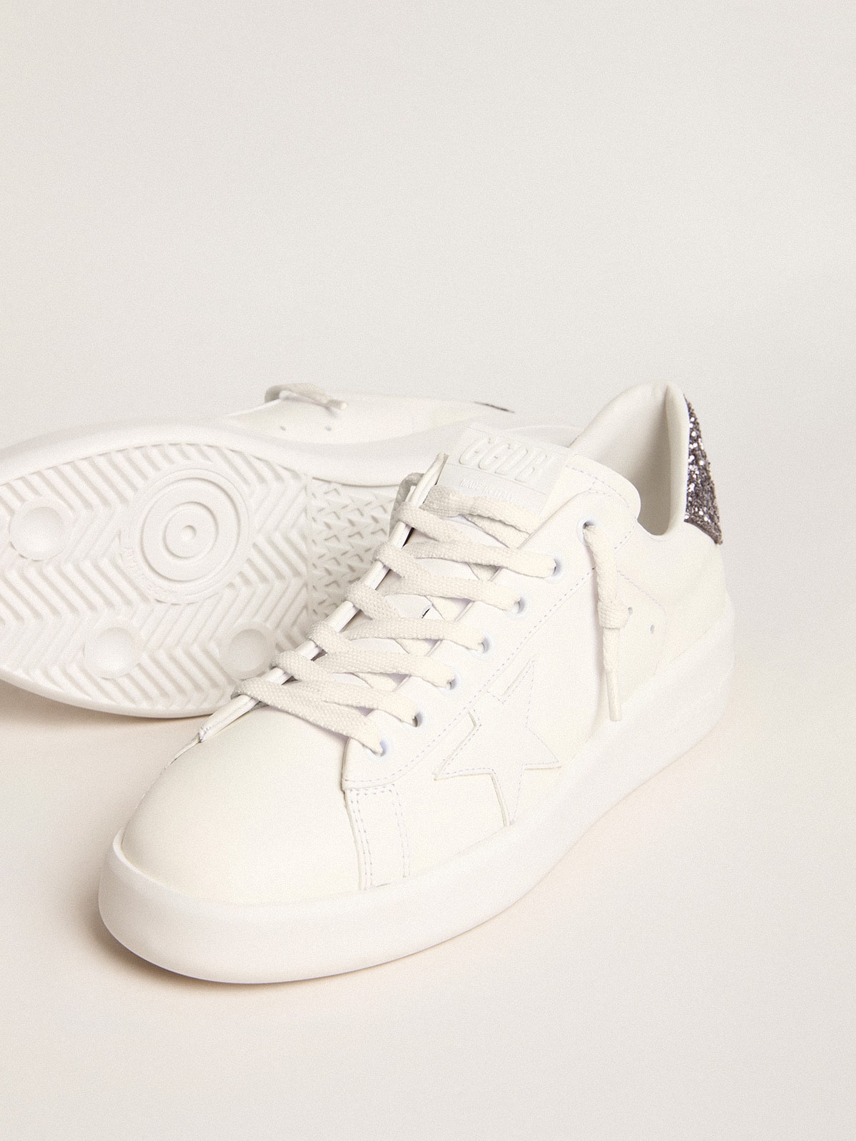 Golden Goose Women’s Purestar with white leather star and anthracite glitter heel tab