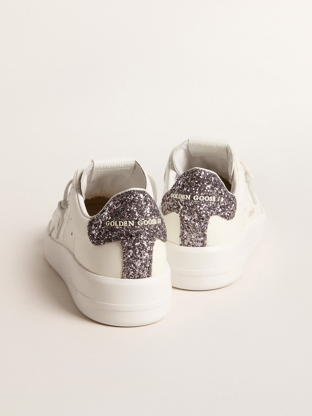 Golden Goose Women’s Purestar with white leather star and anthracite glitter heel tab