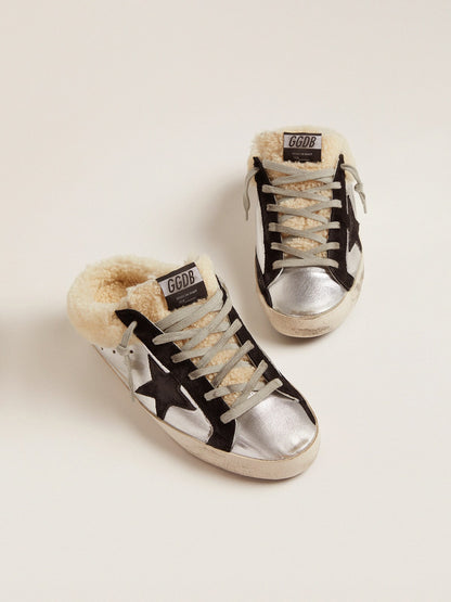 Golden Goose Women's Super-Star Sabot in silver laminated leather with black star