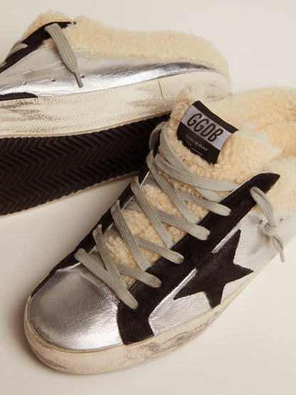Golden Goose Women's Super-Star Sabot in silver laminated leather with black star