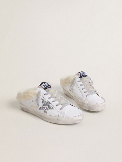 Golden Goose Super-Star Sabots in white leather with shearling lining and silver star