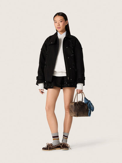 Golden Goose Women’s oversized jacket in black cotton twill with floral sequin embroidery