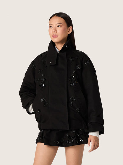 Golden Goose Women’s oversized jacket in black cotton twill with floral sequin embroidery