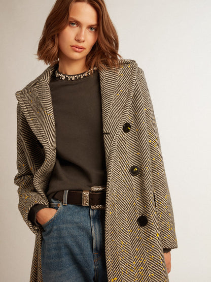 Golden Goose Women's long herringbone coat with yellow details