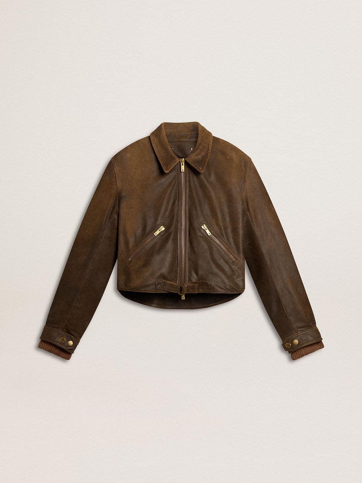 Golden Goose Women’s cropped brown leather biker jacket with zip
