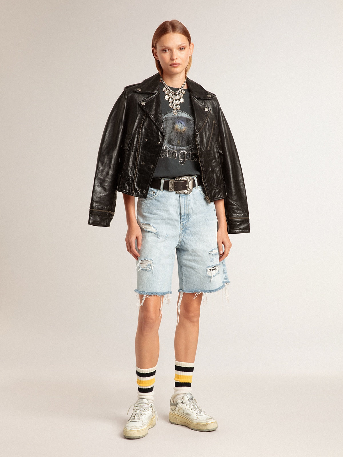 Golden Goose Women’s black leather biker jacket with glossy effect
