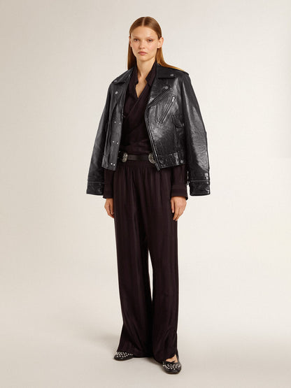 Golden Goose Women’s black leather biker jacket with glossy effect