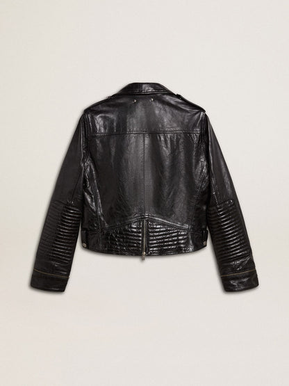 Golden Goose Women’s black leather biker jacket with glossy effect