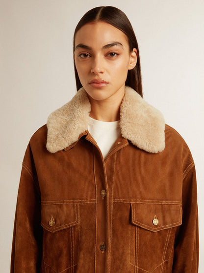 Golden Goose Women's jacket in tobacco-colored split leather with a shearling collar