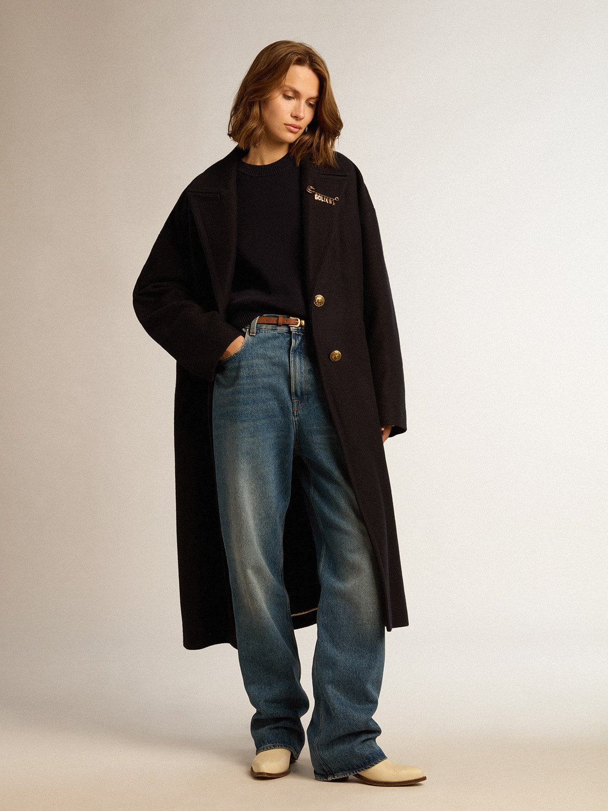 Golden Goose Women's single-breasted cocoon coat in dark blue wool with gold button