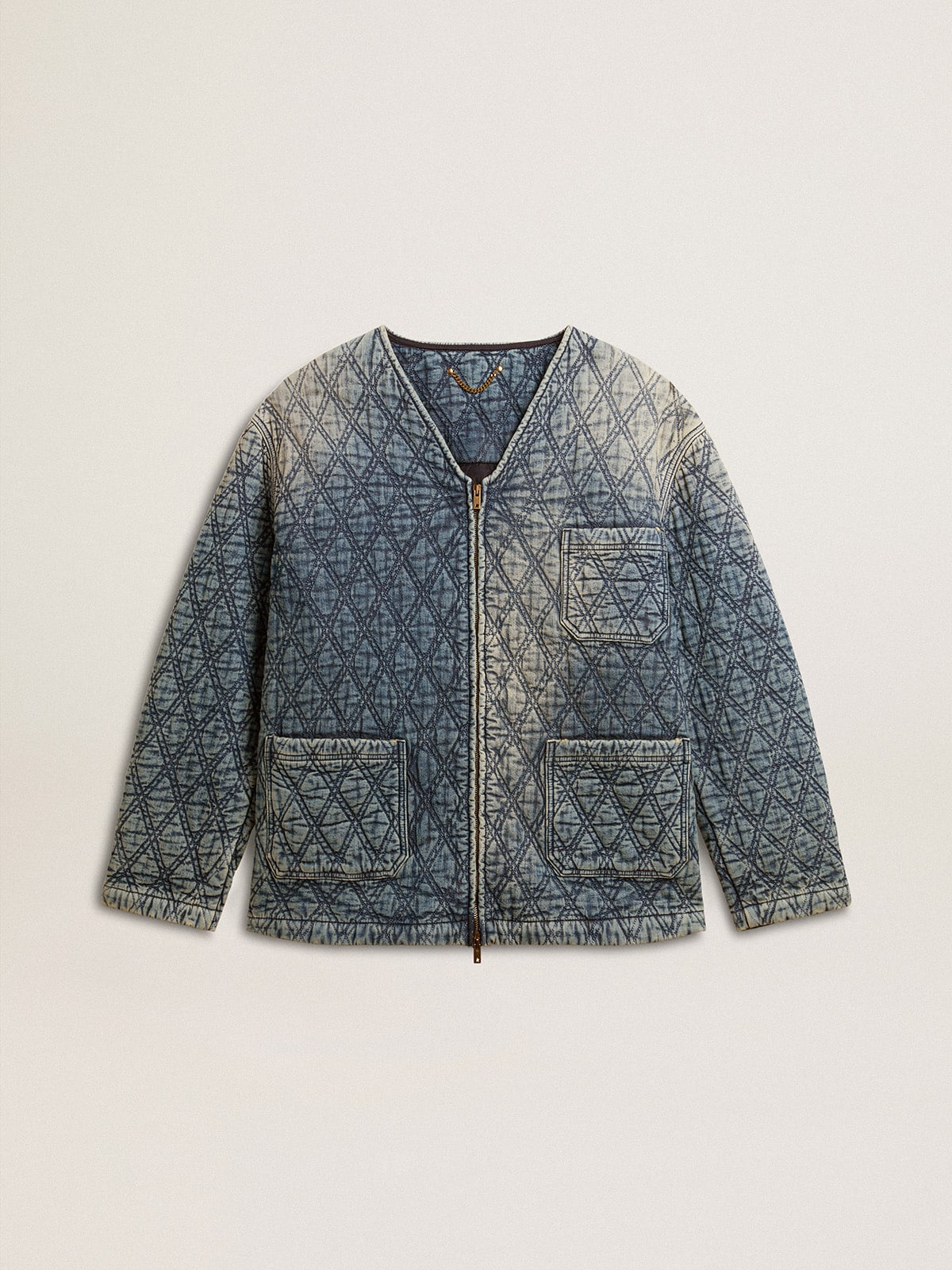 Golden Goose Women's blue quilted jacket in cotton denim with distressed finish